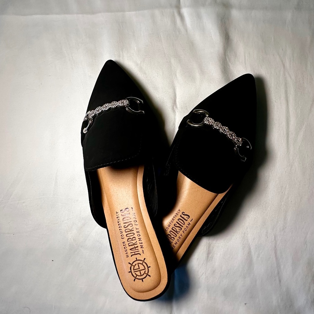Black Slip-on Mule with Rhinestone Buckle Embellishment